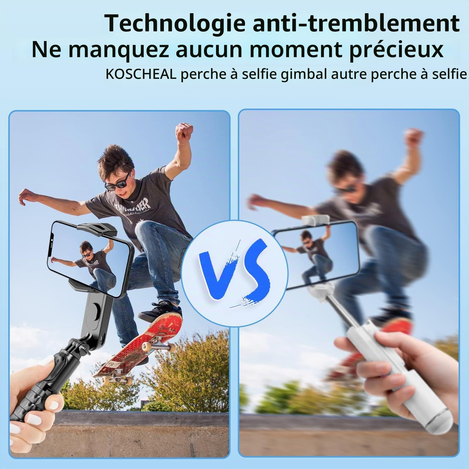 KOSCHEAL Stabilisateur de téléphone portable, bâton à selfie stabilisateur avec lumière de remplissage, rotation 360° et télécommande sans fil pour Android et iPhone, idéal pour Vlogging, Youtube et