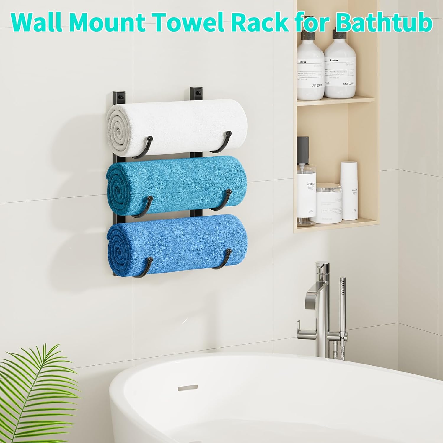 HapiRm Rolled Towel Racks for Bathroom - 3-Tier Over The Door & Wall Mounted Bathroom Towel Storage, Hanging Metal Organizer for Towels & Bath Sheets, Space Saving Rack for Bathroom, Camper, RV, Black