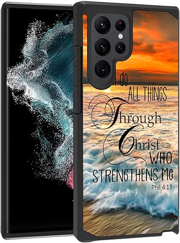 FQTBCEARI Funda para Galaxy S22 Ultra, con citas de versículo bíblico cristiano Phil 4-13, diseño 2 en 1, híbrida de policarbonato duro y silicona