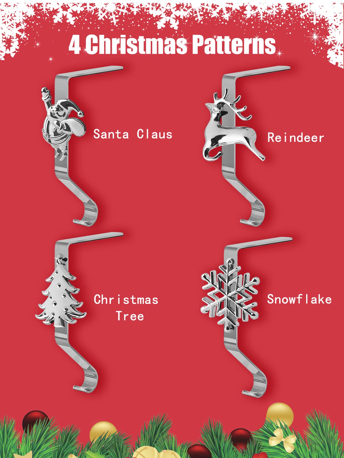 4PCS Christmas Stocking Hangers for Fireplace Kalolary 4 Styles Christmas Stocking Holders for Mantle Non-Slip Sturdy Mantel Stocking Hooks for Christmas Holiday Home Decoration (Silver) - Image 2