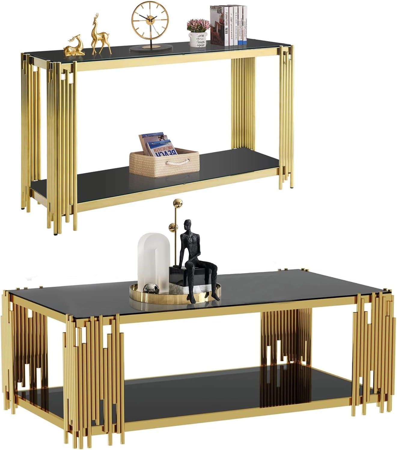 Goujxcy Gold Coffee Table Set of 2 Modern Rectangle Blaack Glass Coffee Table Console Table with Stainless Steel Frame 2 Pieces Living Room Center Table Sofa Entryway Table for Home Office
