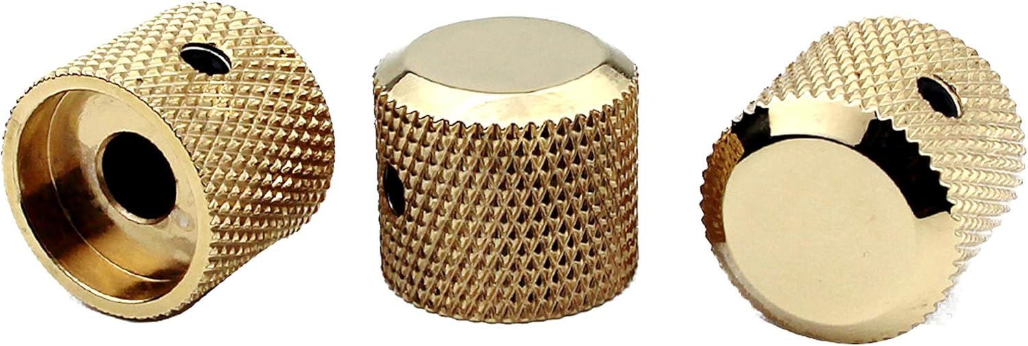 Guyker 3Pcs Brass Potentiometer Control Knobs with 6mm(0.24”) Dia. Shaft Pot - High Grade Knurled Volume Tuning Audio Knob Replacement for Electric Guitar or Precision Bass - CNC Machined(Golden)
