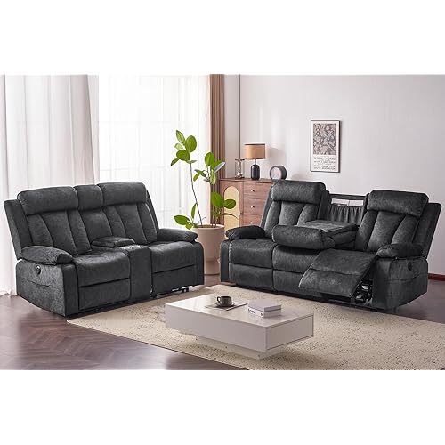 Velvet Recliner Sofa Set, 3+2 Seater with Console, Cup Holder, USB & Type C, Massage & Heat, Modern Living Room Furniture, Brown (Gray, 3+2 Seat)