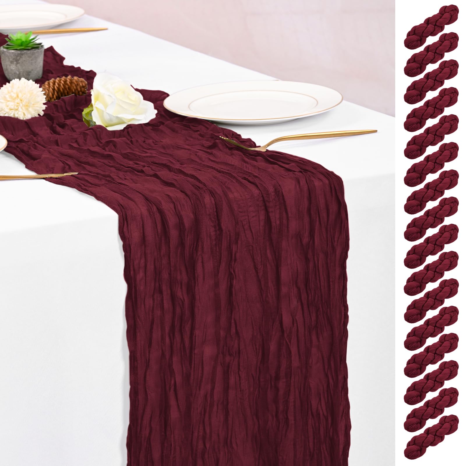 Photo 1 of 16 Pack Burgundy Table Runners 10FT Cheesecloth Table Runner Boho Gauze Table Runner Long Rustic Sheer Fabric Table Runners for Wedding Party Bridal Shower Farmhouse & Home Decor