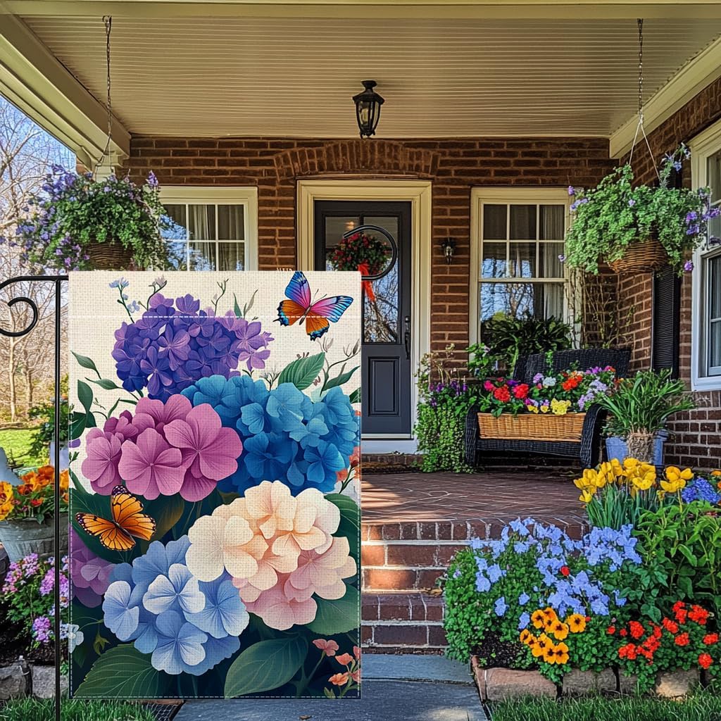 Spring Summer Hydrangea Flowers Garden Flag 12x18 Inch Double Sided Butterfly Colorful Floral Yard Outdoor Flag House Holiday Outside Decoration - Image 5