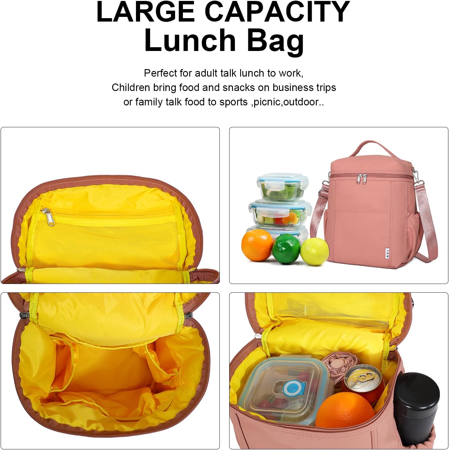 NOL Natural Organic Lifestyle Insulated Lunch Bags for Women Cooler Bag Lightweight Nylon Waterproof Lunch Box For Work (Dark Pink, Large) - Image 4