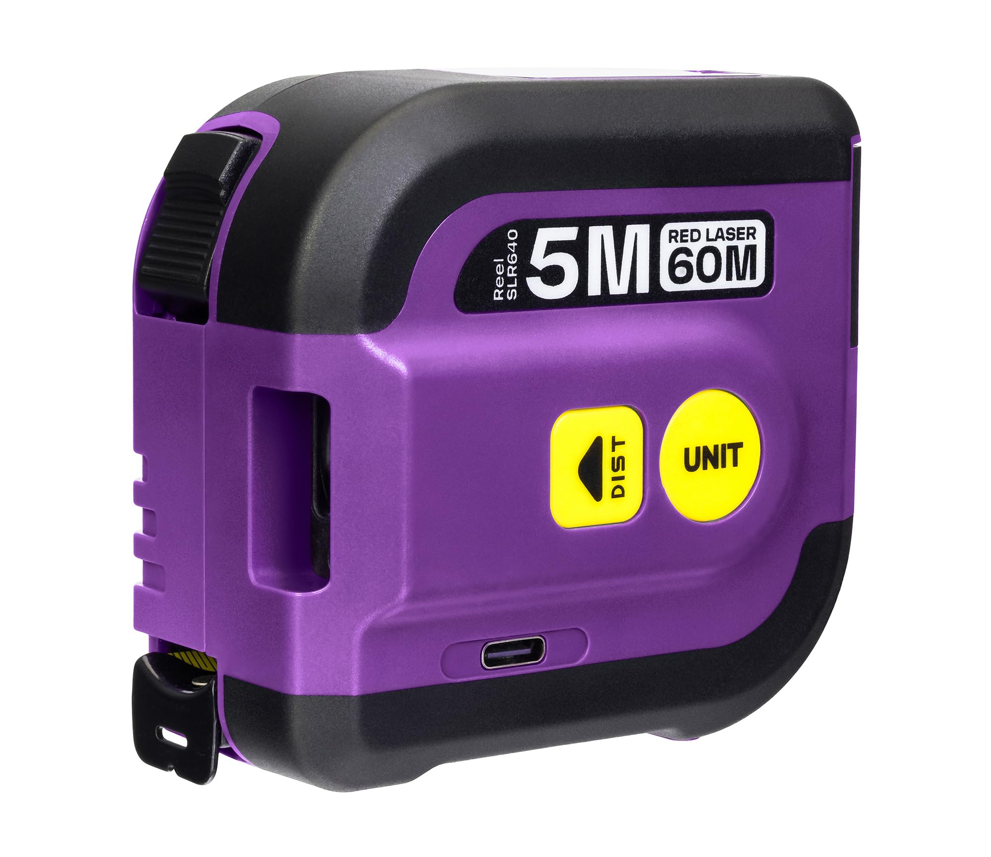 Reel SLR640 2 en 1 Medidor Láser 60M y Cinta Métrica 5M Medición de Longitud Área Volumen Pantalla LCD Retroiluminada Función Memoria Unidades en Pulgadas, Pies, Metros Violeta