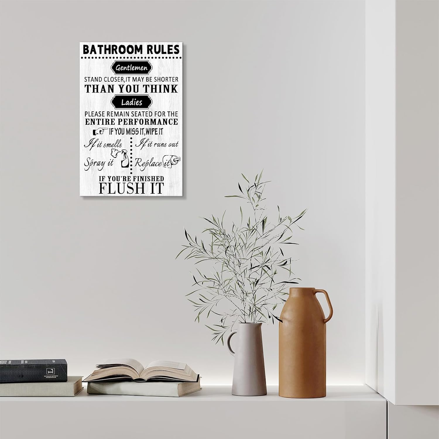 Jumong Bathroom Decor Wall Art, Bathroom Rules Wall Art, Toilet Rules Wall Decoration, Bathroom Canvas Signs for New House Bathroom Artwork Home Decor Wooden Framed Ready to Hang (24x36 Inches)