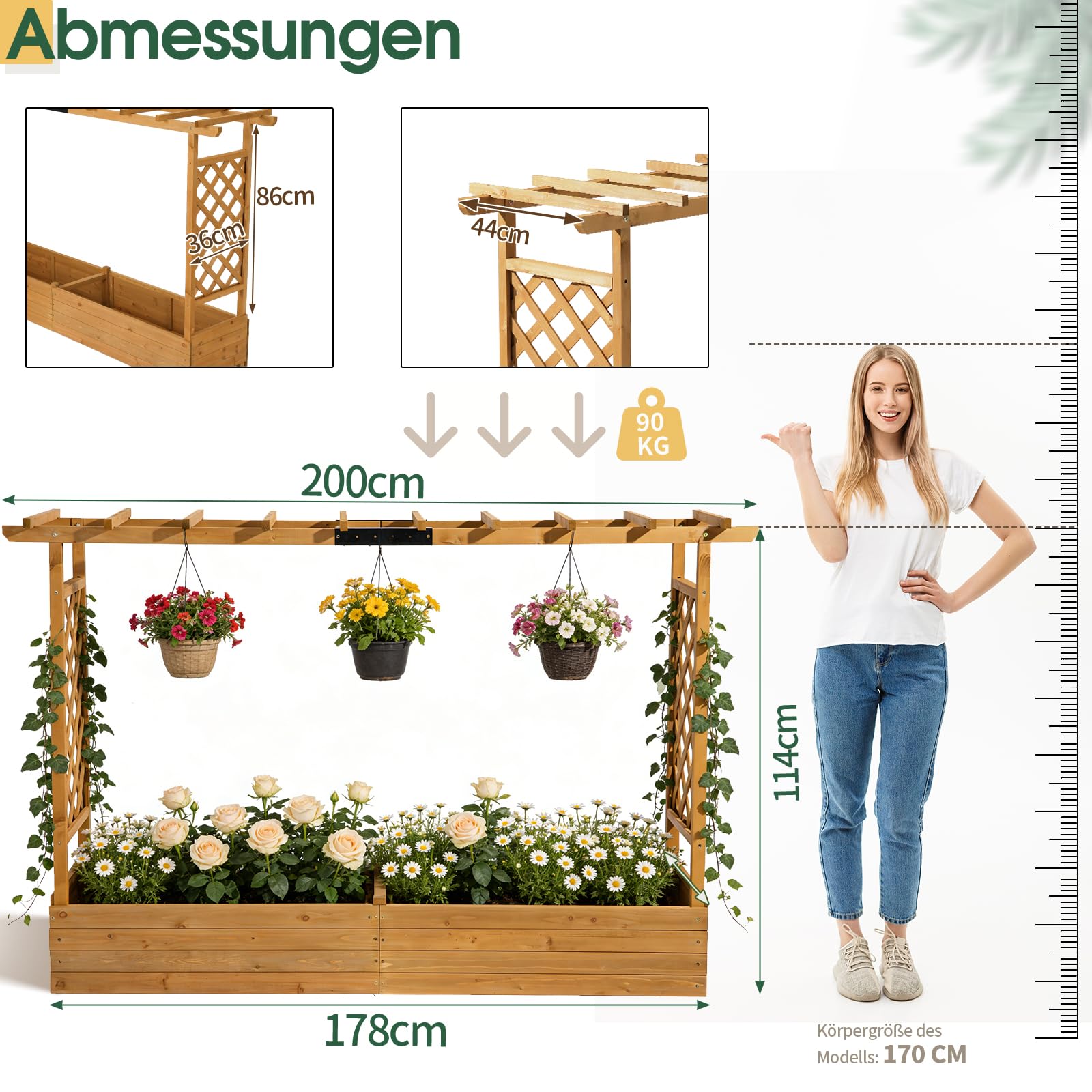 LEADZM pflanzkübel mit rankgitter, Holz Blumenkasten mit rankgitter Ablauflöchern, Hochbeet Balkon für Kletterpflanzen & hängende (Breitere Version(200 x 45 x 113 cm))
