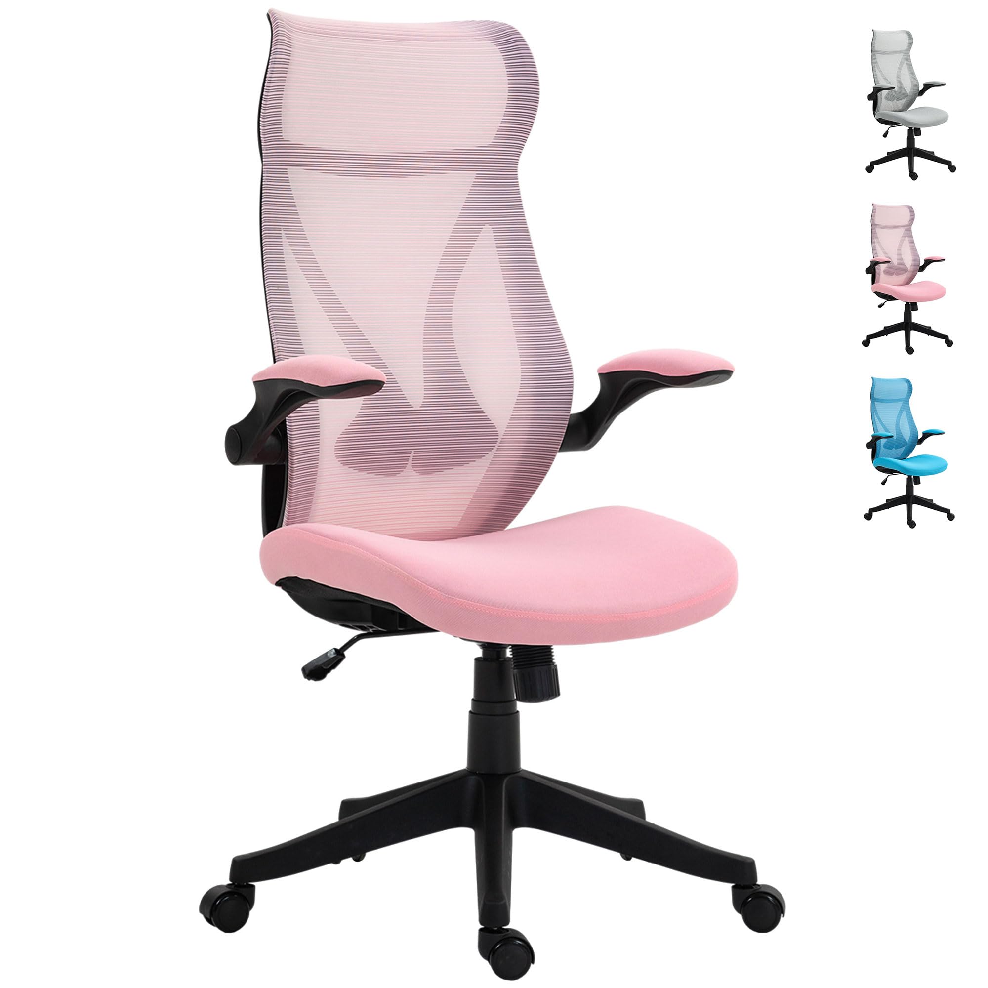 HOMCOM Silla de Escritorio de Malla Silla de Oficina Giratoria con Altura Ajustable Reposabrazos Abatibles y Función de Basculante Silla para Estudio Carga 120 kg Rosa