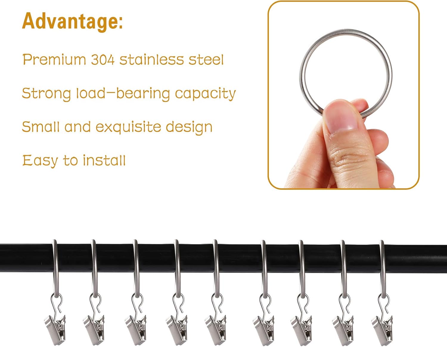 Lansian 44 Pack Curtain Rings with Clips Hooks 1.26 in Diameter Rustproof image 4