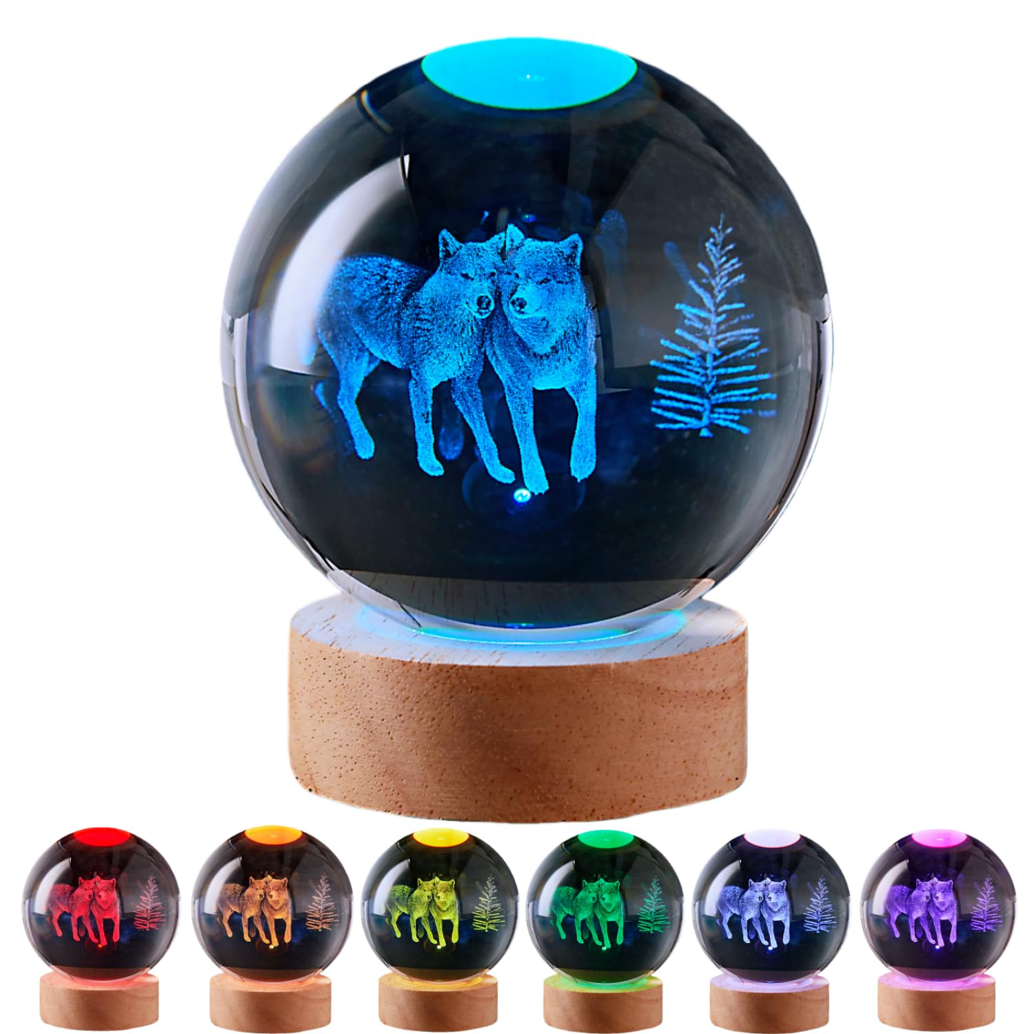 LGY3DLight 3D Crystal Ball Lamp with Remote Control, 3.15 inch Crystal Night Light with Wooden Base 16 Colors Change, Glass Figurine Lamp Gift for Girls Boys Wife Girlfriend Mom (Wolves)