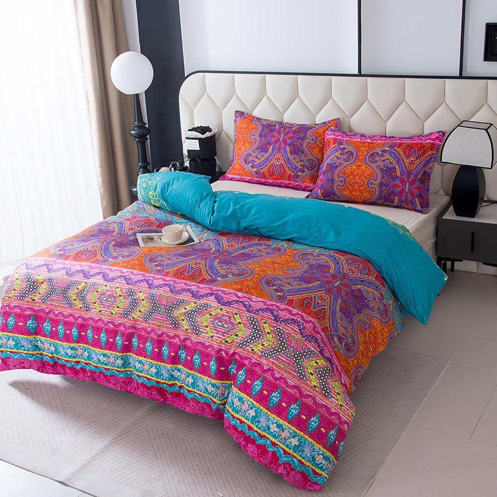 Bohemian Style Printed Duvet Cover and Pillowcase Set,Soft Colorful Printed Microfiber Comforter Cover with Corner Ties. (Red Boho, Queen (U.S. Standard))