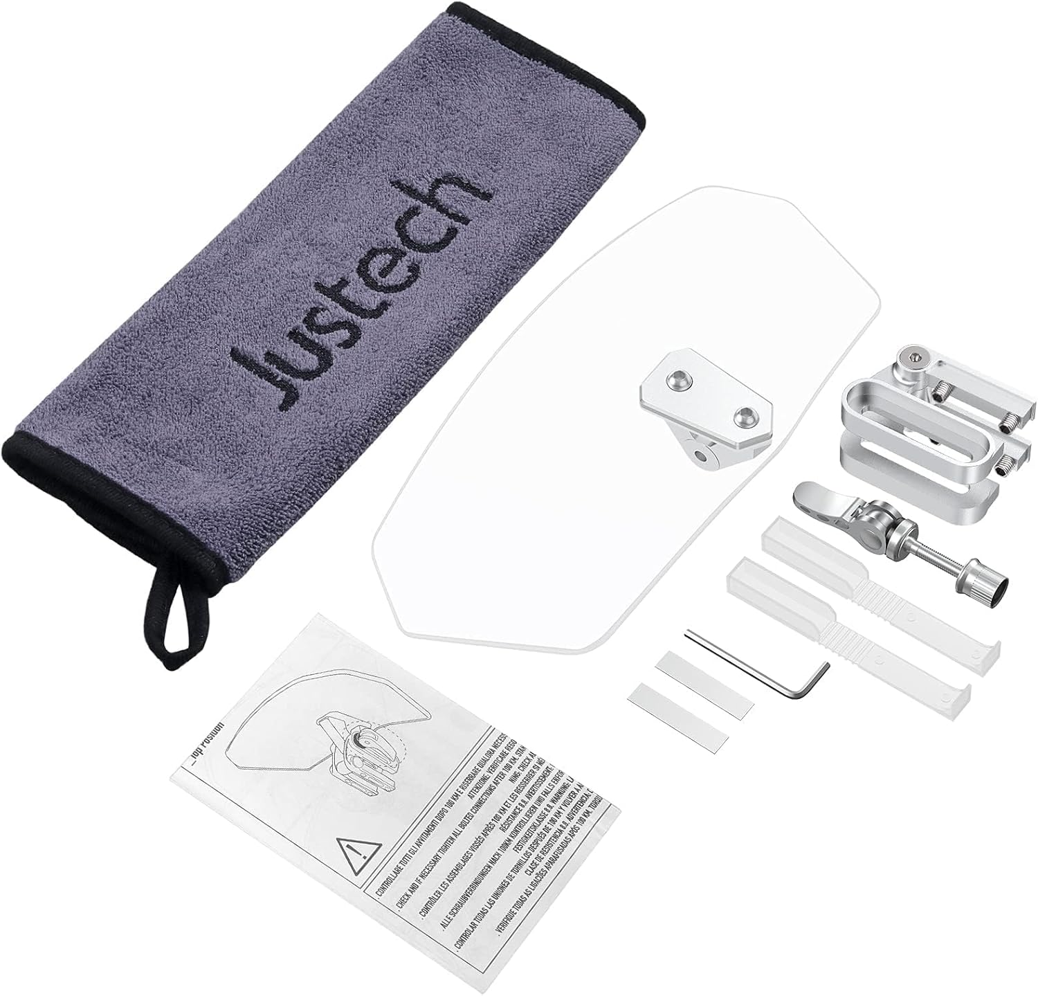 Justech Motorcycle Windshield, Adjustable Motorcycle Windshield Extension Spoiler Clips, Universal Windscreen Wind Air Deflector for Kawasaki BMW Triumph Motorbike-Transparent, Silver Bracket