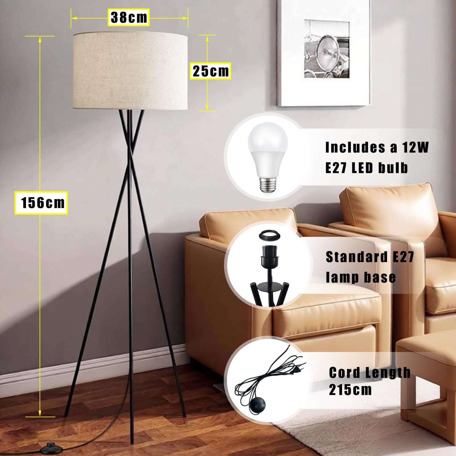 Dimmbare LED Stehlampe mit FußSchalter und Dreifuß,Moderne Stehlampe | Ausgestattet mit E27-GlüHbirne, mit Zwei Farbtemperaturen,Geeignet für Wohnzimmer, Schlafzimmer, Arbeitszimmer und BüRo