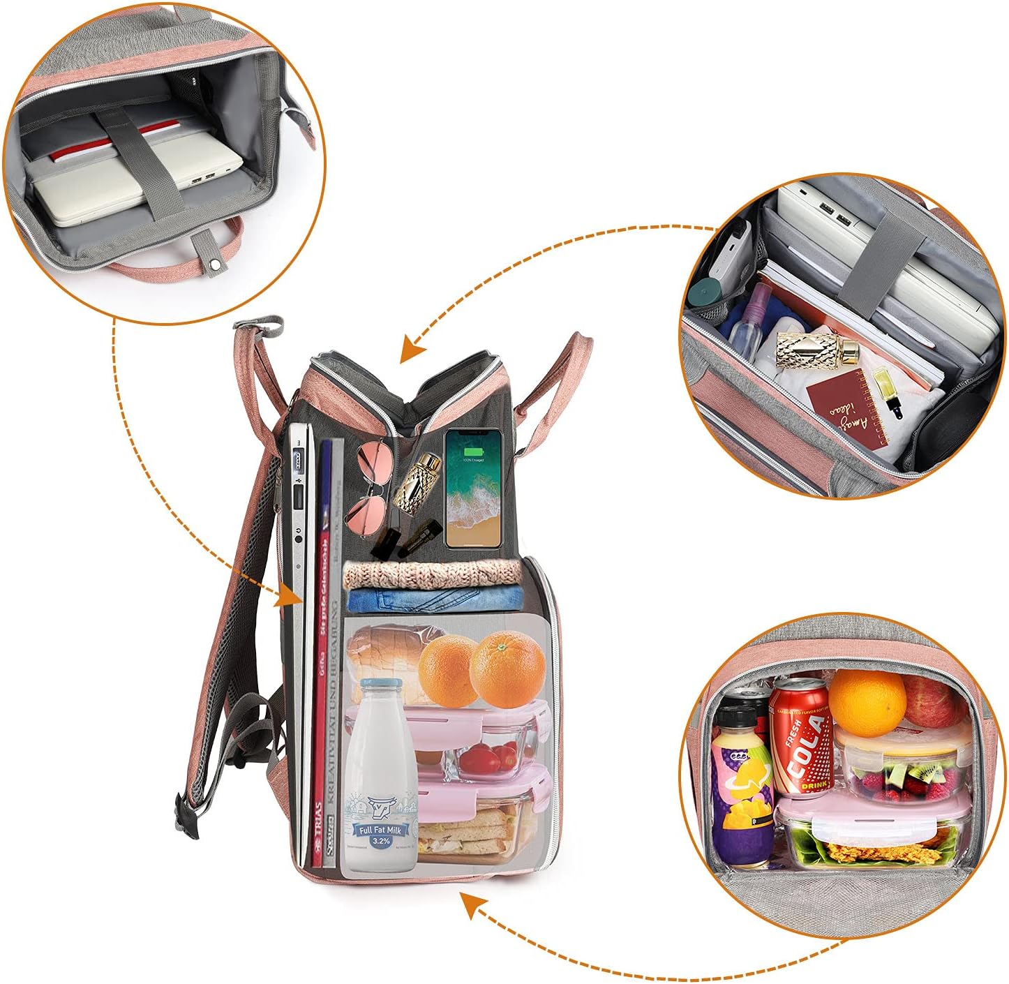 Lunch Backpack for Women, Insulated Cooler Lunch Box Laptop Backpack with USB Port for Women, Water Resistant Leak-proof Lunch Bag, College Computer Bookbag for Work Picnic Beach Fits 15.6 Inch Laptop