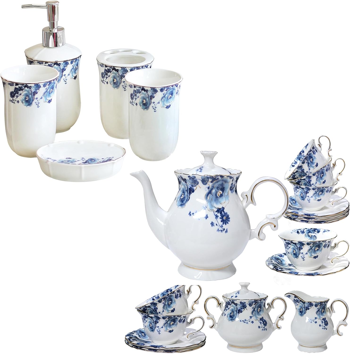 21-Piece Bone China Tea Set for Adults, Blue and White Porcelain Tea Set for 6,5-Piece Ceramic Bathroom Accessory Set