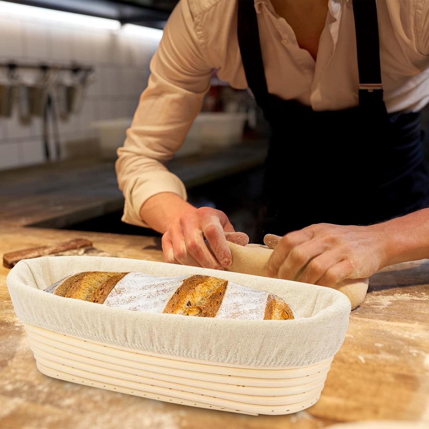 11.8 inch Oval Long Banneton Brotform Bread Dough Proofing Rising Rattan Basket & Liner - Image 7