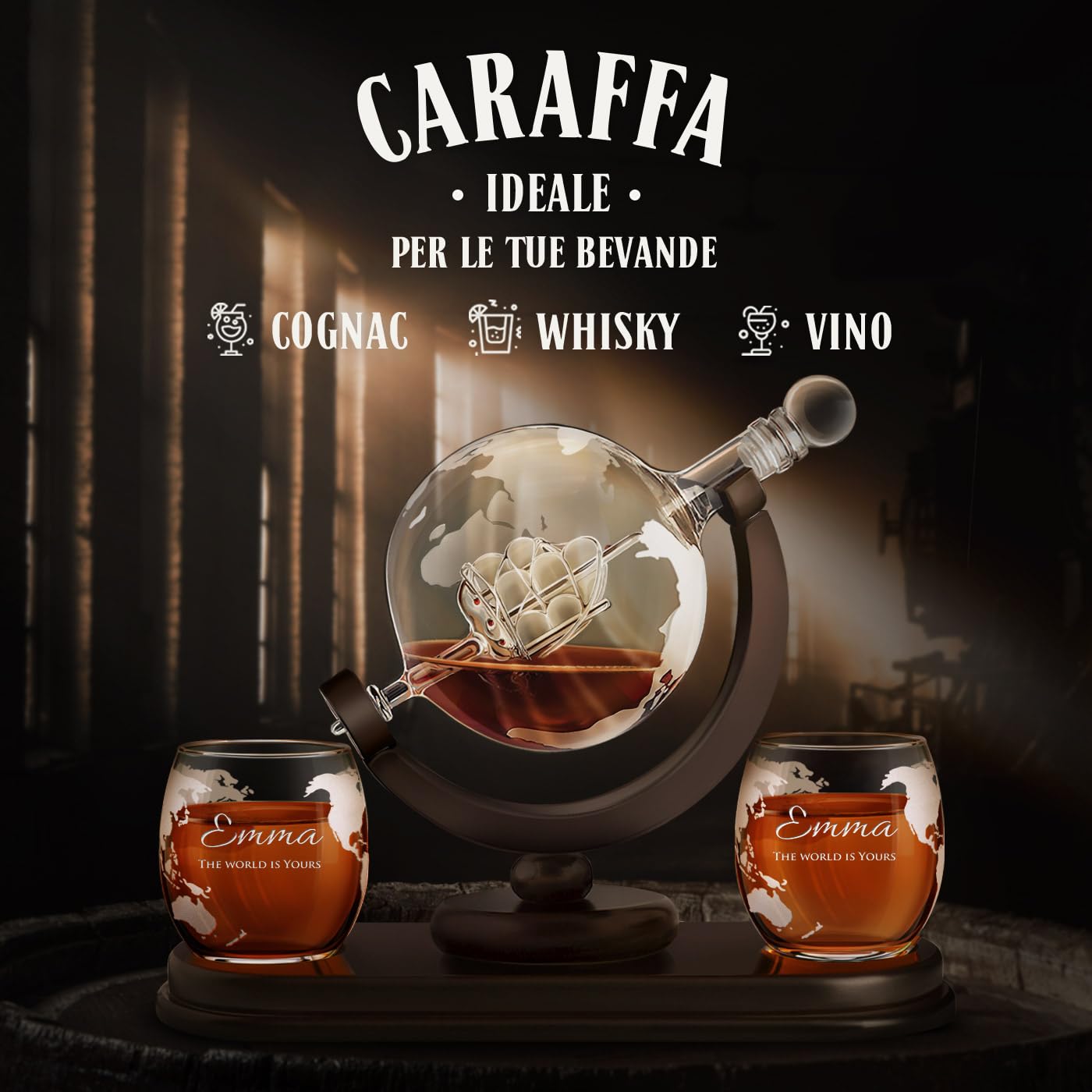 Maverton Decanter per Whisky in vetro - incisione personalizzata - Caraffa a forma di mappamondo da 850 ml + 2 bicchieri da whisky - regalo uomo - mondo