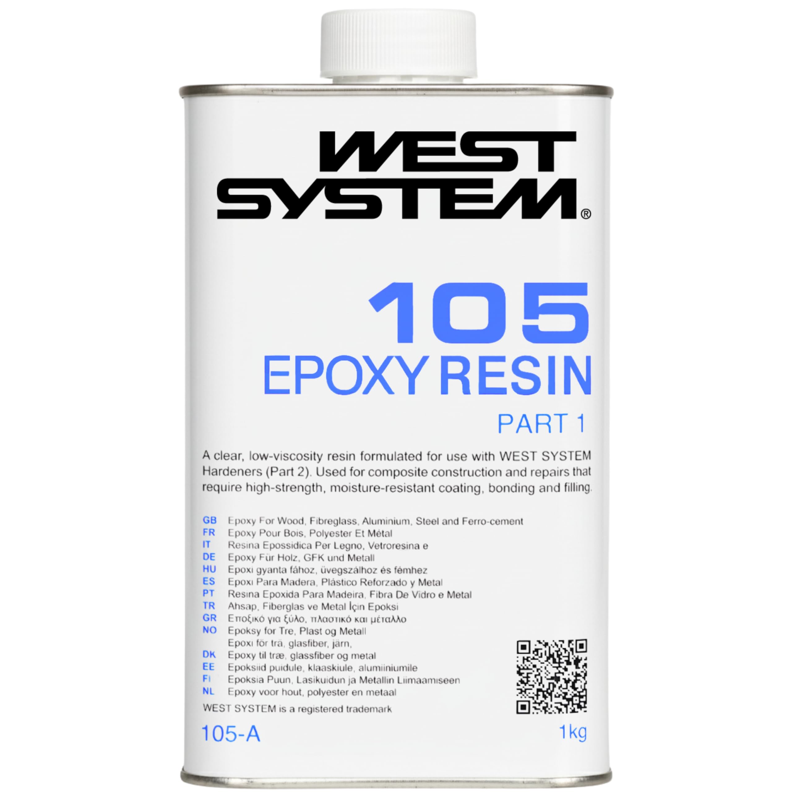 WEST SYSTEM 105 Epoxy Resin 1kg - Clear Resin for Deep Pour Casting, Wood, Metal & Fibreglass Repairs- Marine Grade Epoxy Glue for Woodwork, Repair and DIY - Pair with Hardener for Use