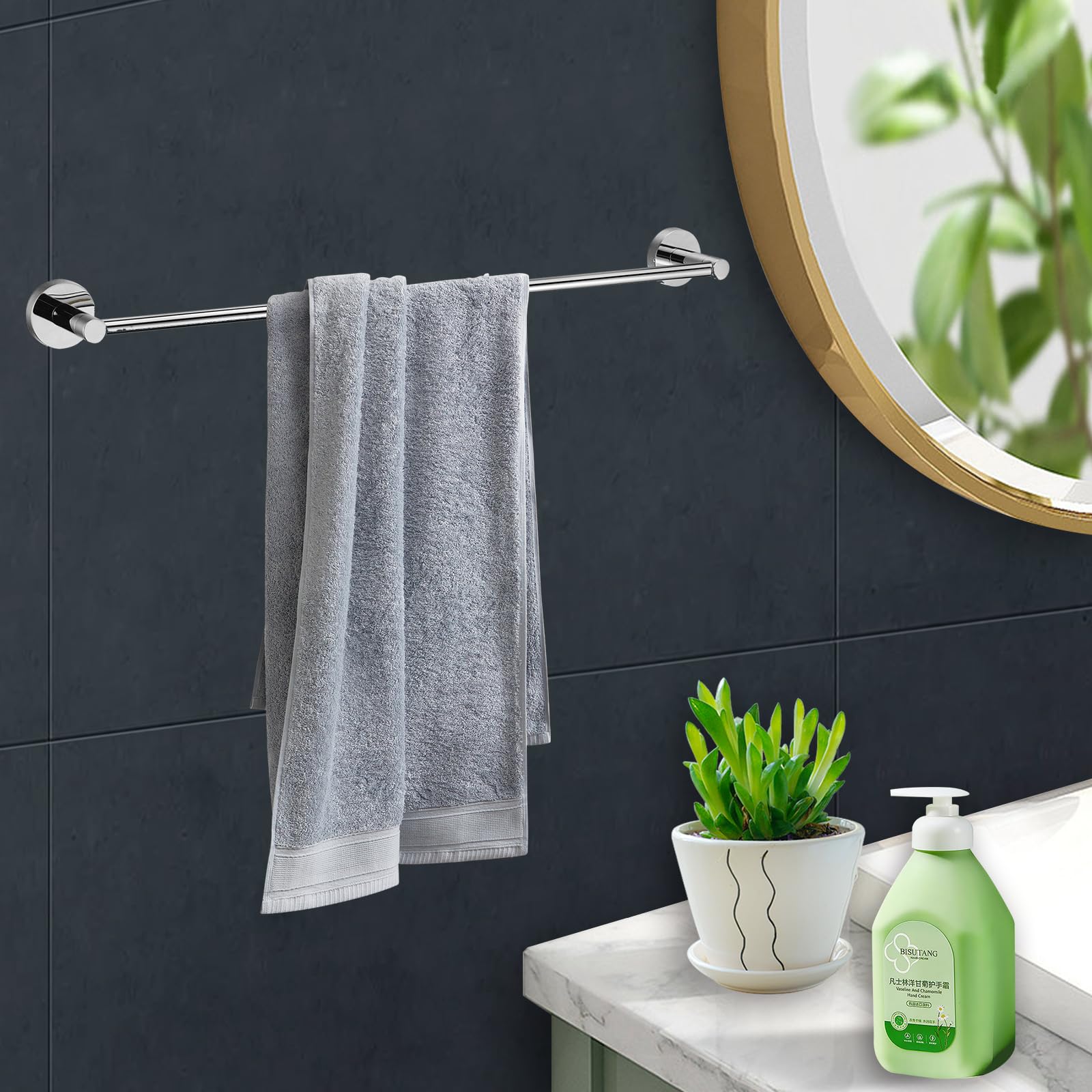 iBathUK Modern Wall Mounted Round Towel Rail Bar Stainless Steel with Anti-corrosion Zinc and Aluminium - Image 2
