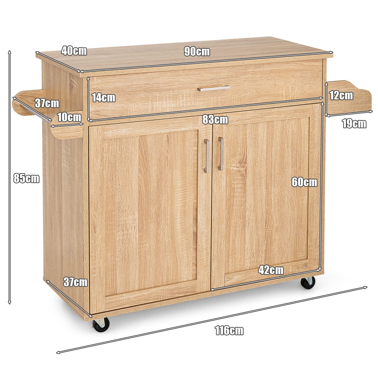 COSTWAY Carrito de Cocina Carro de Servicio Comedor con Ruedas,Toallero,Cajón, Puerta y Estantes Gabinete Mueble de Cocina (Natural)