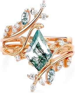 Kite Cut Natural Green Moss Agate Engagement Ring with Moissanite Accents, Art Deco 14K Rose Gold Bridal Set, Nature Leaf Design Wedding Band & Ring – 2-Piece Handmade Jewelry Gift for Her