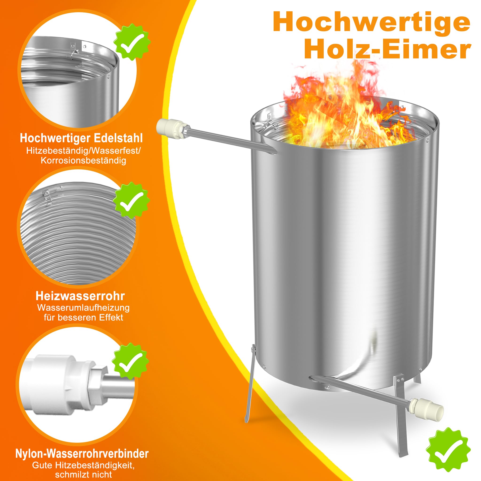 Froadp Calefacción de piscina con fuego, barril de fuego de madera de acero inoxidable con espiral de calefacción de 32/38 mm de diámetro, conexión para calefacción de piscina de madera, estufa de