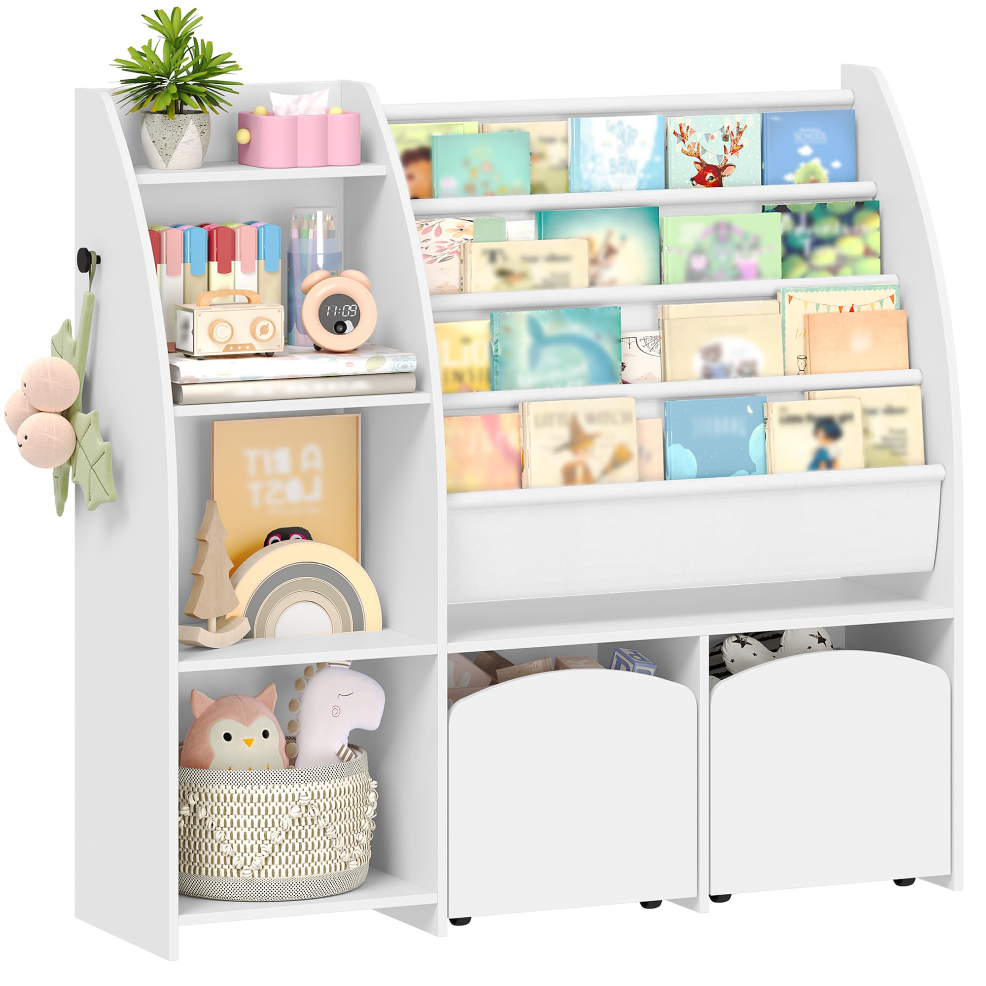 Hzuaneri Bibliothèque Enfant avec Porte-journaux, Meuble Rangement Enfant, Étagère à Jouets avec 2 colonnes, 4 étagères, 30 x 105 x 100 cm, Blanc KB12003W