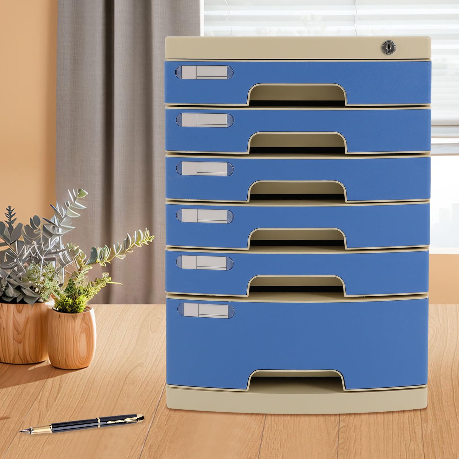 Organizzatore per cassetti da scrivania, in plastica, 6 ripiani, con serratura, per ufficio e casa, per documenti A4, 15,4 x 11,5 x 16,6 pollici (blu)