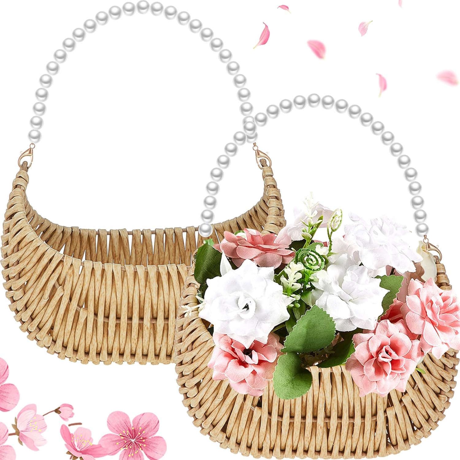 Taiyin 4 Pcs Rattan Flower Girl Basket with Pearl Handle Small Half Moon Wicker Basket for Wedding Flower Girl Picnic Garden Storage and Home Decor (Light Brown)