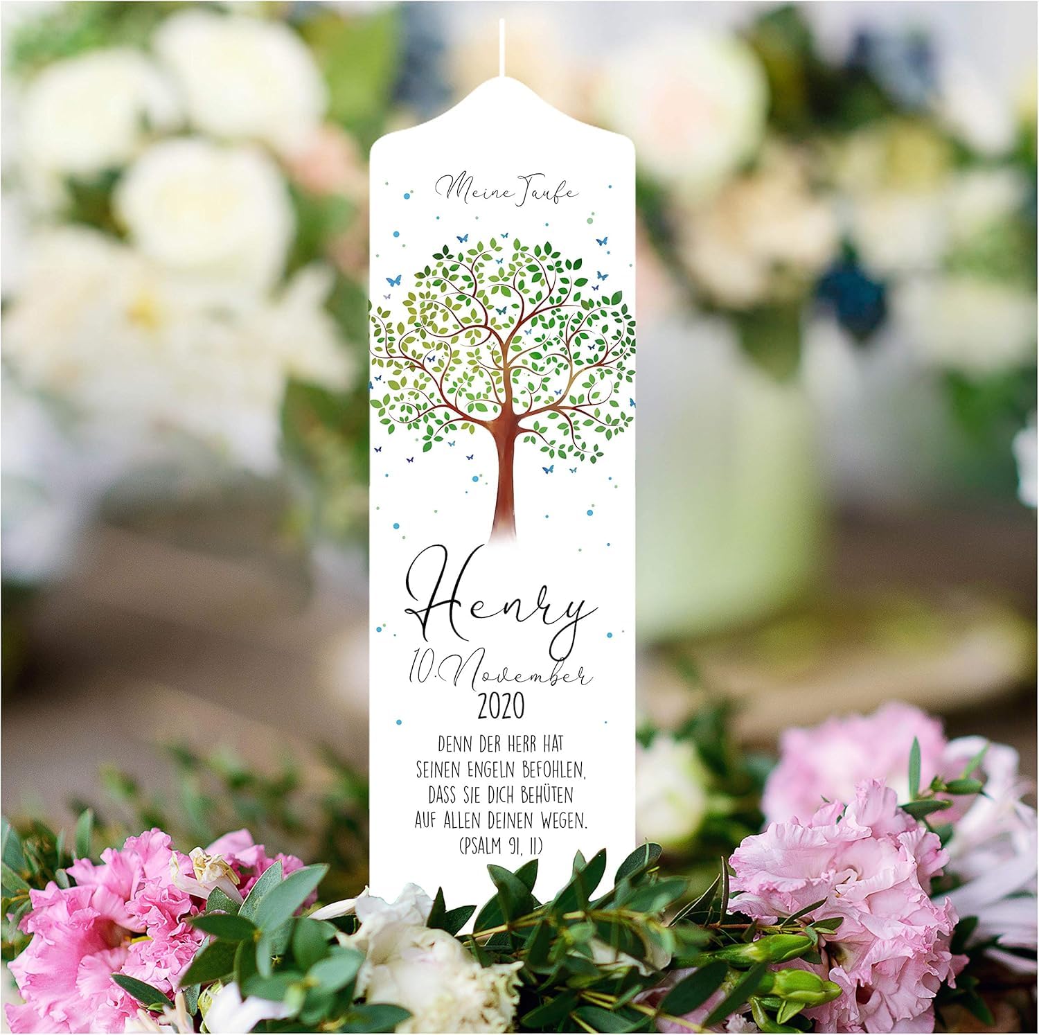 Wandtattoo Loft Taufkerze Junge oder Mädchen mit Taufspruch, Motiv Lebensbaum, 25x7cm und Aufbewahrungsbox, personalisierte Erinnerungsbox, Holzkiste mit Schiebedeckel, bedruckte Kerzenbox zur Taufe