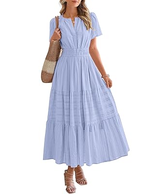 BTFBM Womens Summer 2025 Casual Midi Maxi Dresses Lightweight Short Sleeve V Neck Elastic Waist Boho Beach Dress Pockets