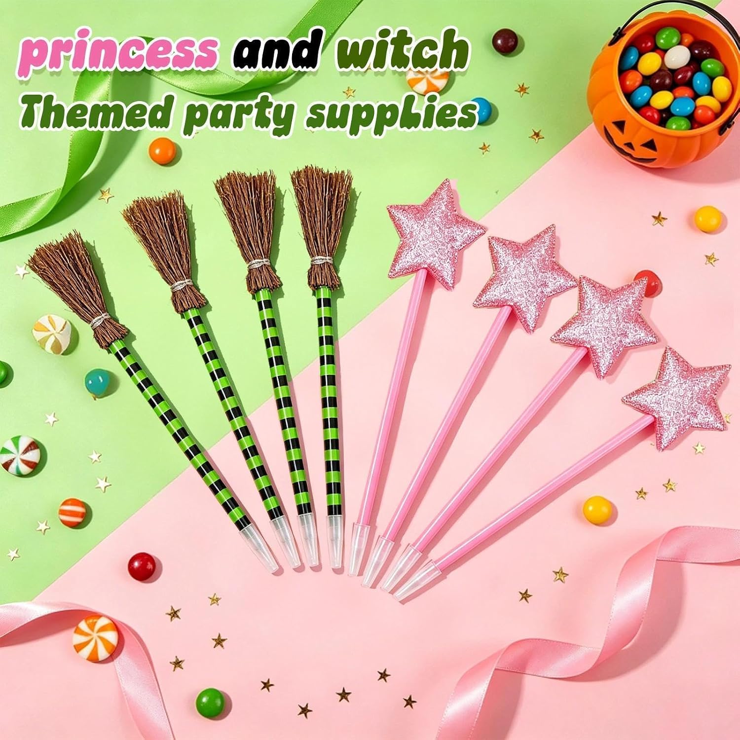 20 Pcs Witch Party Pen Pink Broom Star Ballpoint and Green Wands Pens Set image 5