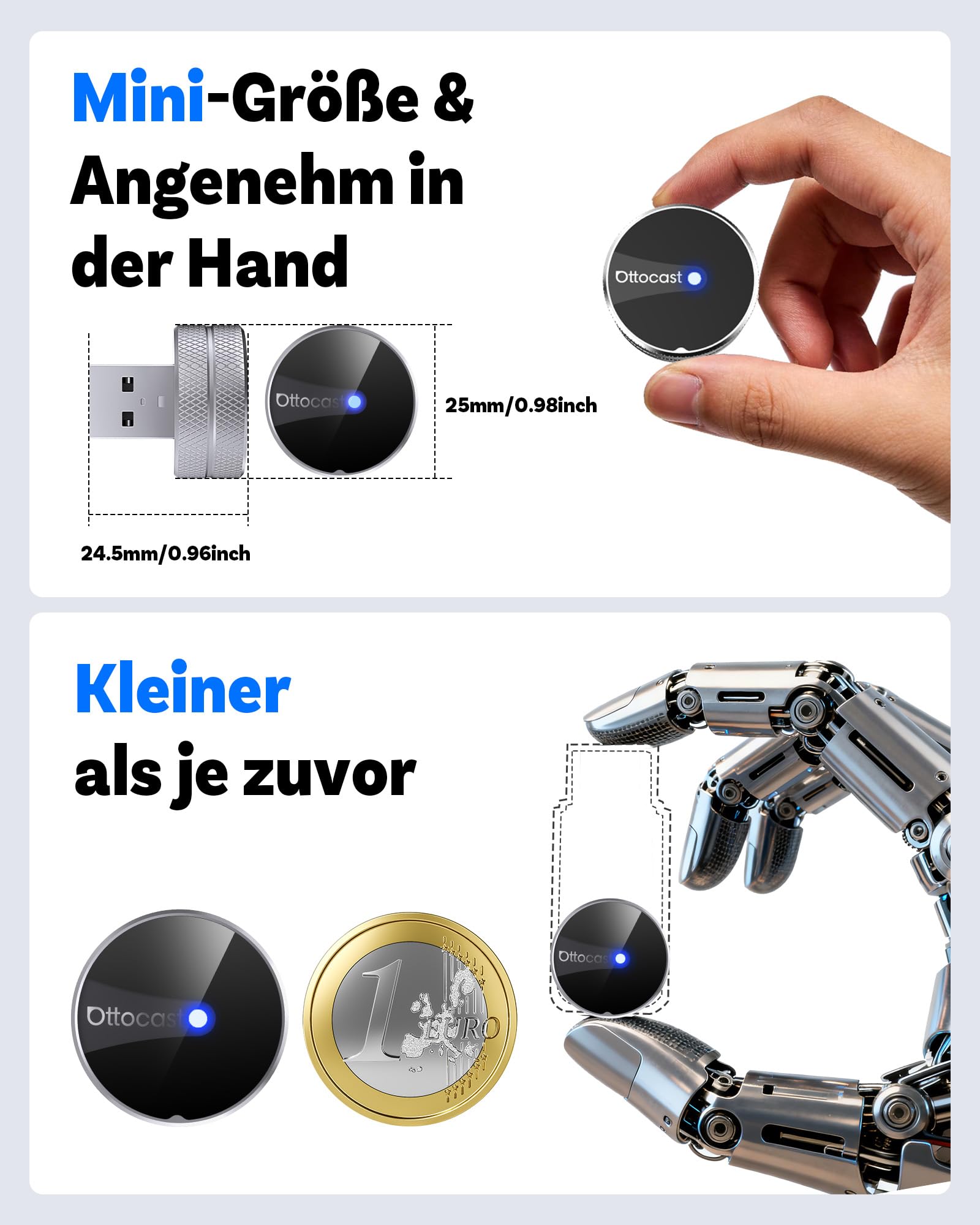 OTTOCAST Mini Tube 2026, Kabelloser CarPlay & Android Auto Adapter für iOS 10+/Android 11+, 5-8s Verbindung, USB-A/Type-C, OTA-Update, Kompatibel mit 99% Fahrzeugen ab 2016 (Nicht für BMW/Tesla)