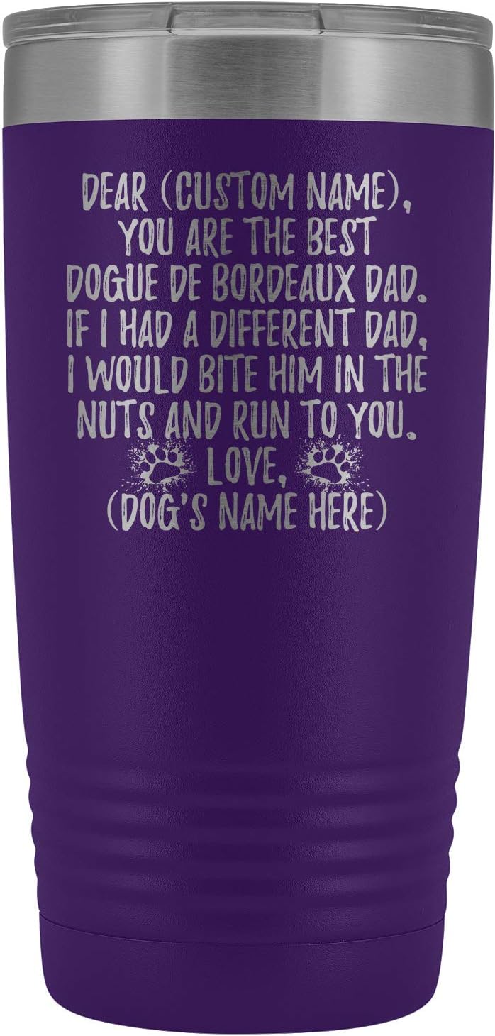 Personalized Dogue de Bordeaux Dog Dad Tumbler, French Mastiff Dog Owner Present, Bordeaux Mastiff Dog Mens, Bordeaux Dog Daddy (20 oz, Light Blue)