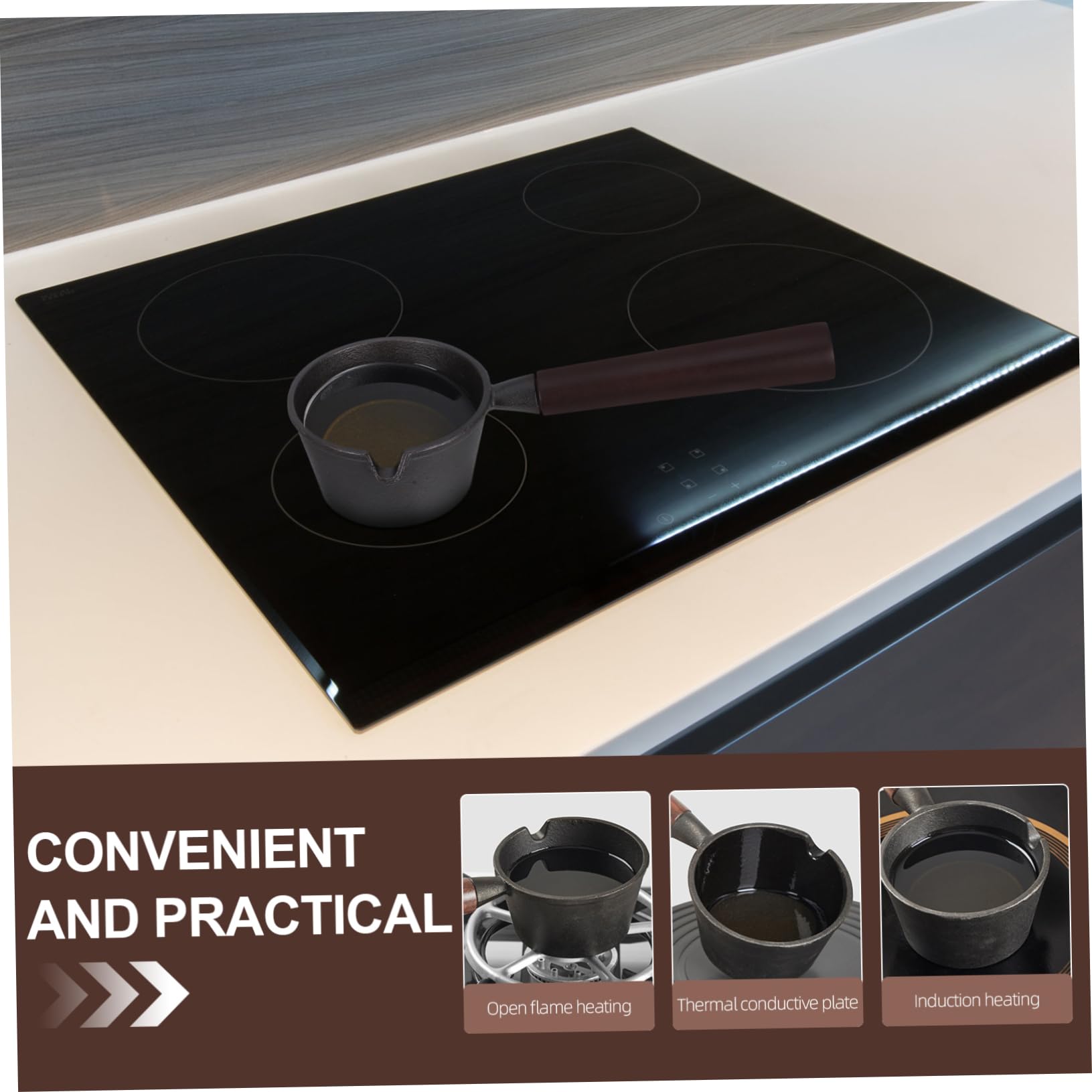 HOLIDYOYO Oil Pot Melting Pot Cast Iron Pan Mini Skillet with Wooden Handle Perfect for Baking Cooking Home Restaurant Use