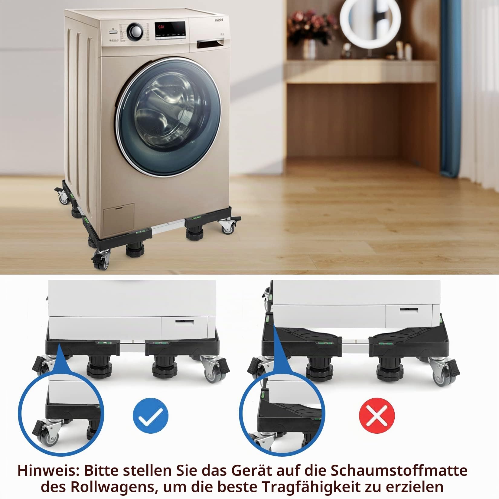 W B D WEIBIDA Waschmaschinen Untergestell mit 8 Gepolsterten und 4 Feststellbaren Rollen,Tragfähig 300KG Untergestell für Waschmaschine, Verstellbare Breite 40-62cm,Höhe 11-12.5cm Waschmaschinensockel