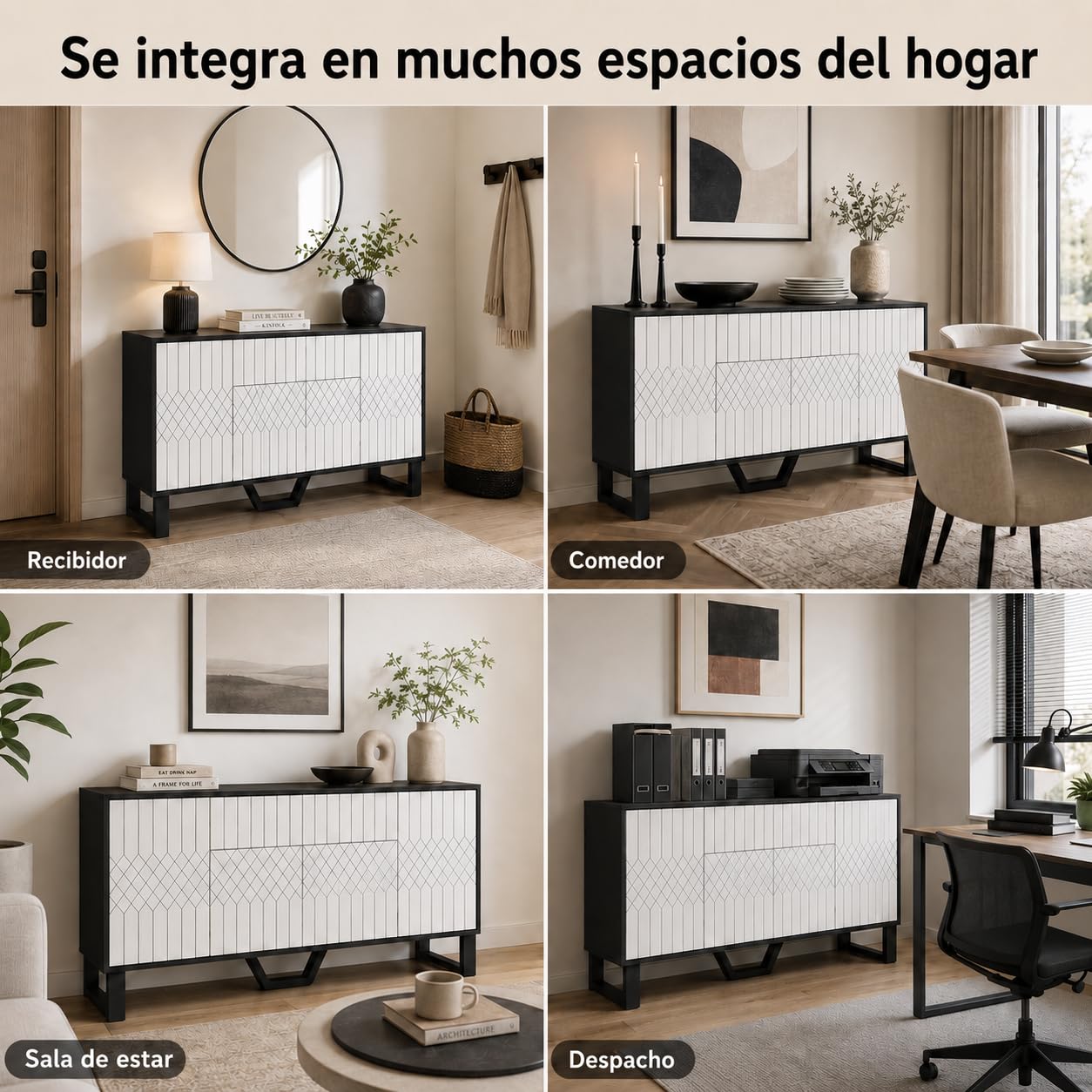 Aparador Blanco-Negro 160cm con Frente Geométrico – Cómoda con Cajón Push-to-Open, 4 Puertas & Pata en V Metálica, 50kg – Bufet para Salón & Comedor, 160×78×40cm
