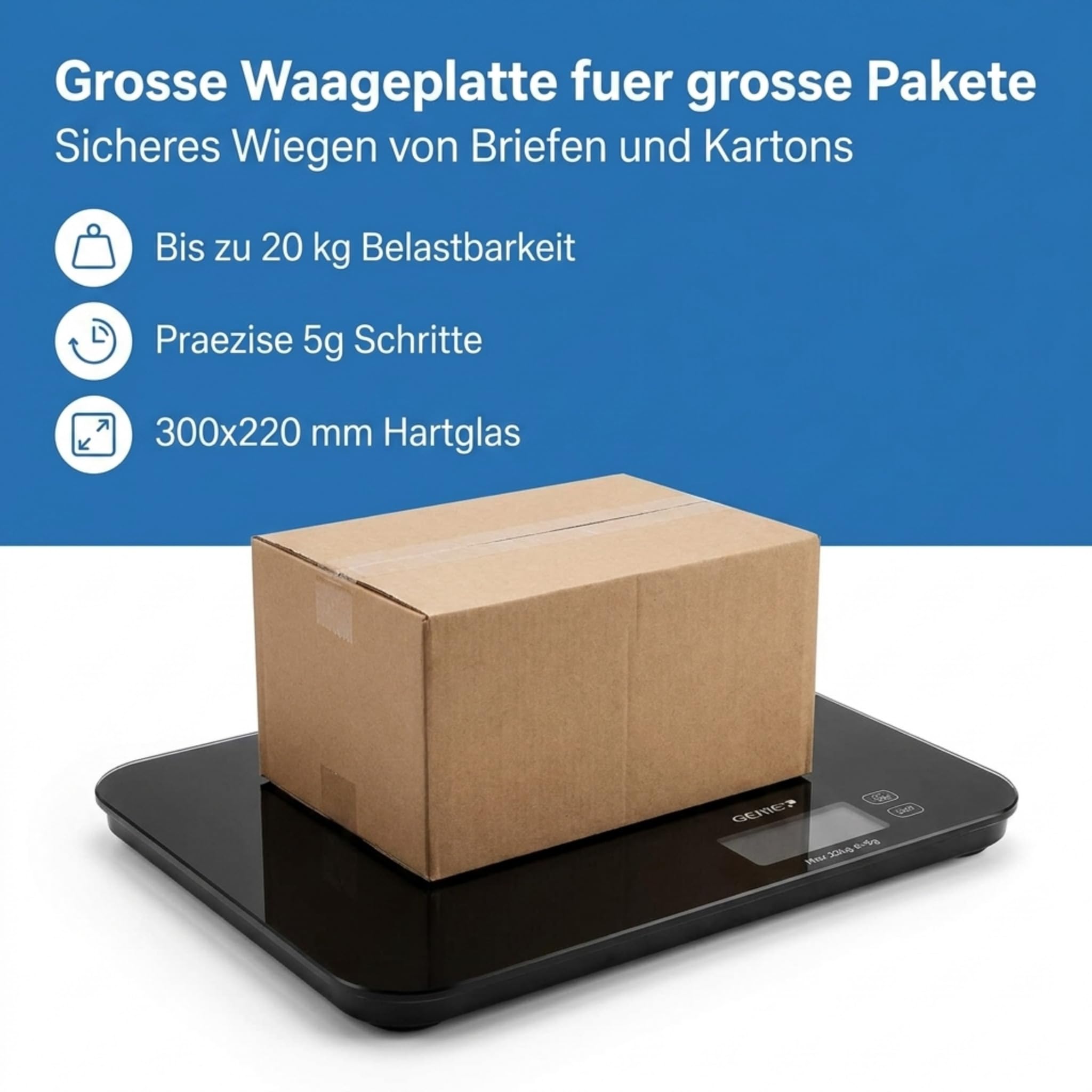 GENIE DPS 20 Paketwaage | Postwaage bis 20kg | Plattformwaage mit Tarafunktion & LCD-Anzeige | Digitale Waage für Pakete & Briefe | Elektronische Waage | Kleine Waage für Versand & Haushalt
