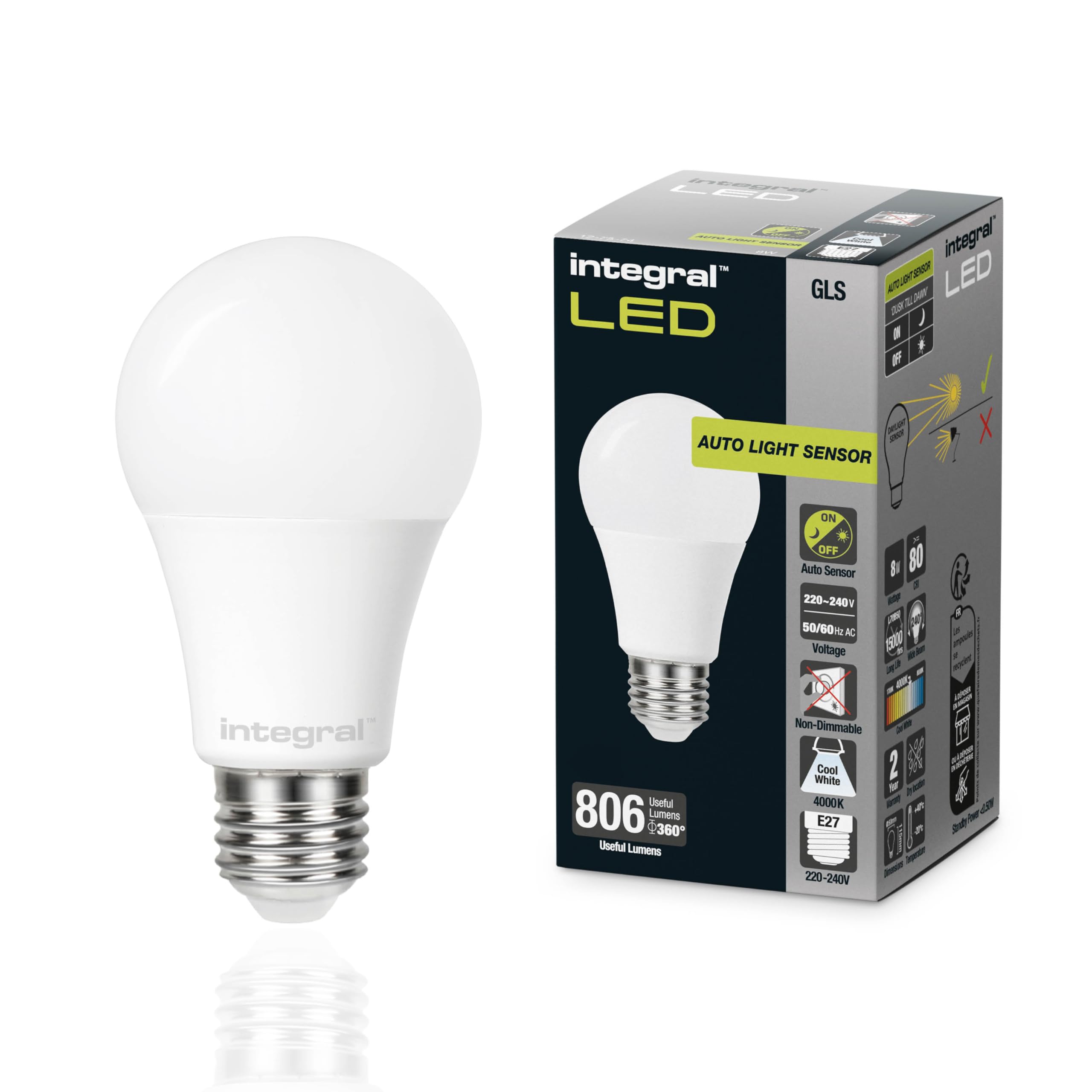 Integral LED E27 Frosted GLS Bulb | Dusk-to-Dawn Sensor | 8W 806lm Output (60W Equivalent) | 4000K Cool White Light | Non-Dimmable | Ideal for Outdoor, Porch, Garage, Garden, Patio