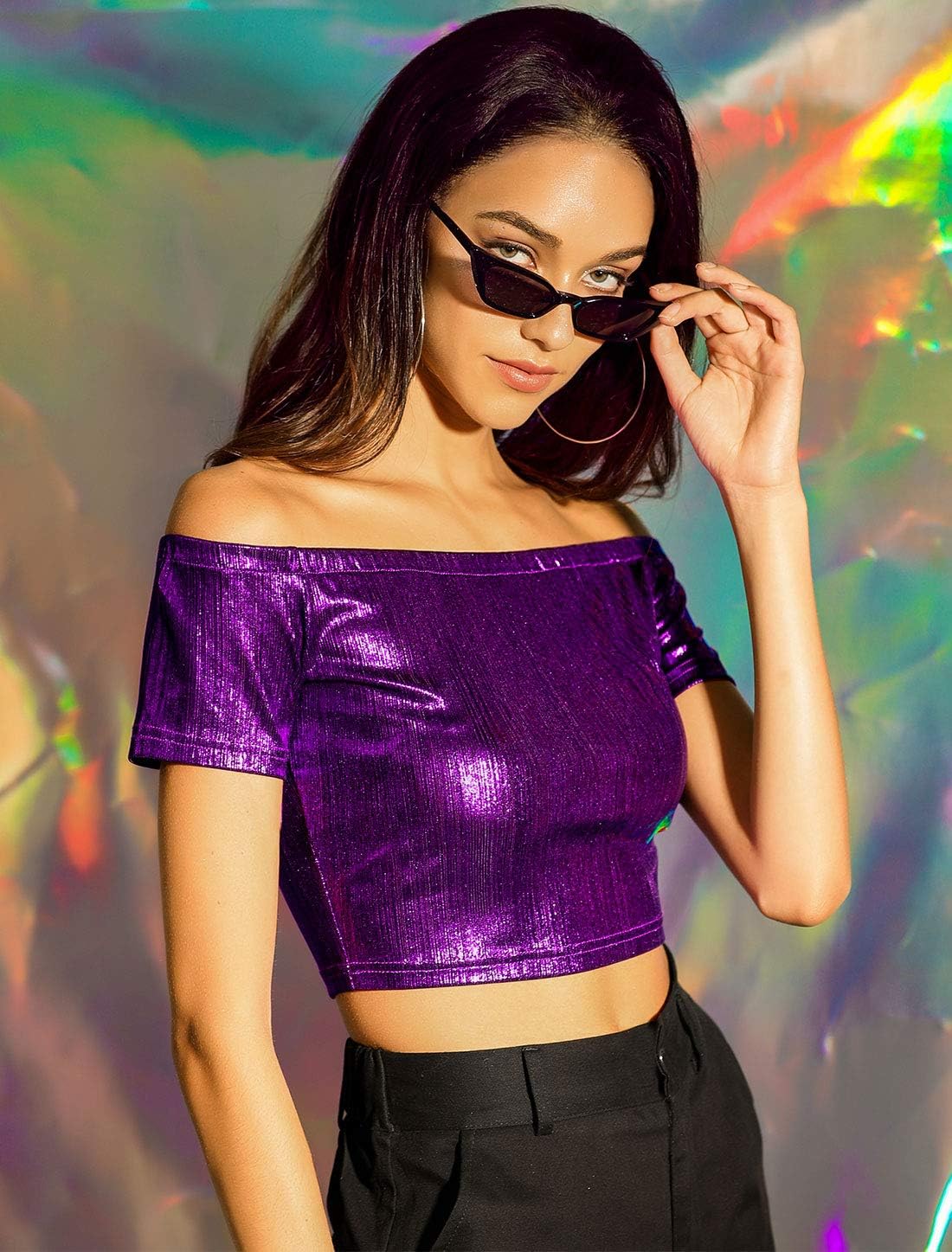 Allegra K Women's Halloween Off Shoulder Party Club Slim Fit Shiny Metallic Crop Top - Image 2