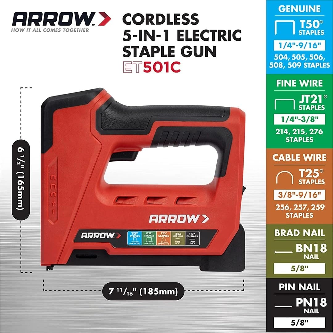 Arrow ET501C - Pinzatrice professionale senza fili 5 in 1, alimentata a batteria, per tappezzeria, cornici, tetti, artigianato, recinzioni, cavi, nero/rosso