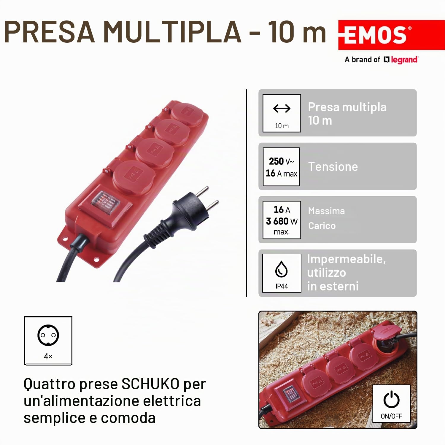 Emos - Ciabatta elettrica, protezione IP44, per esterni, con protezione bambini