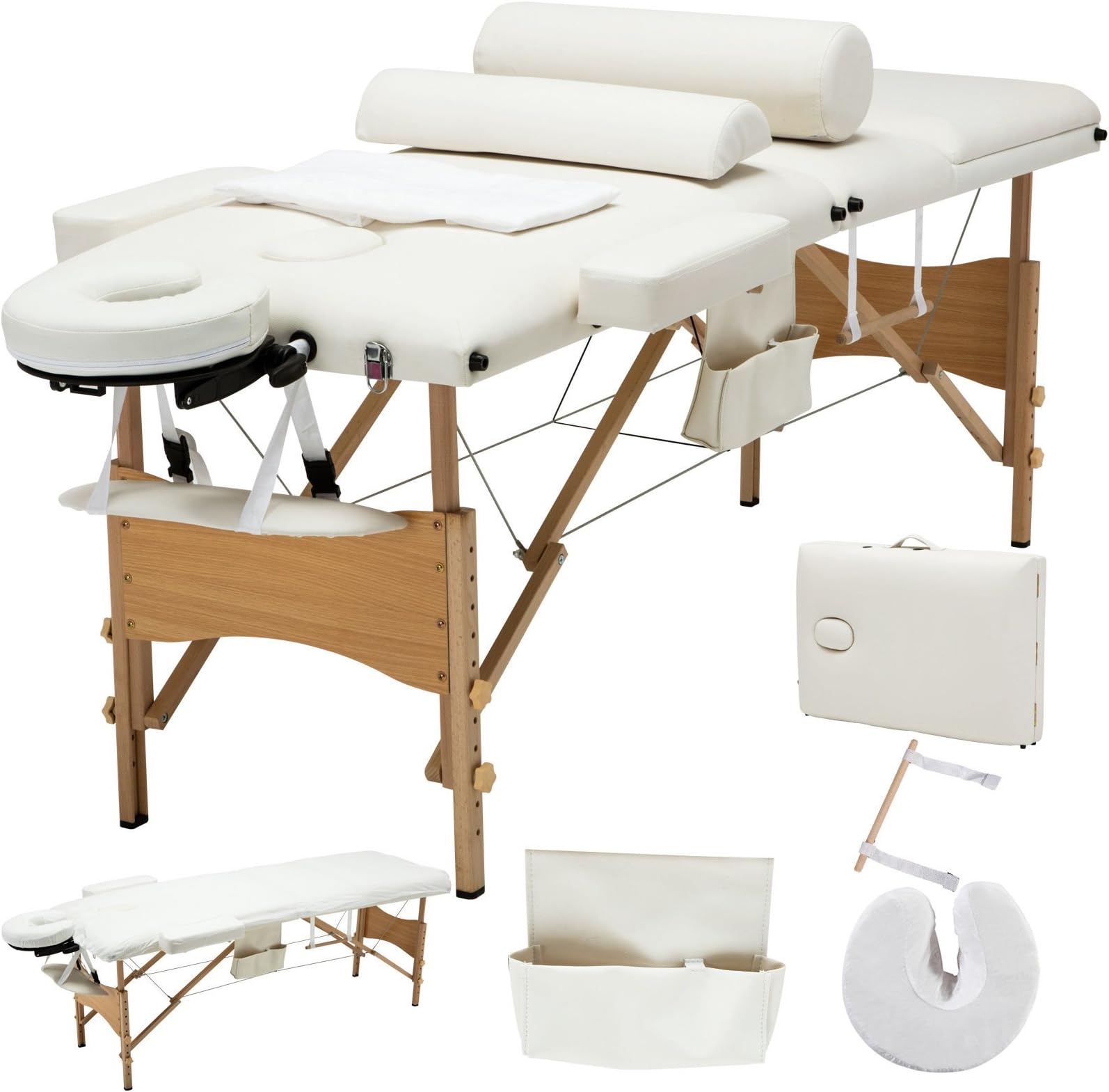 All Goodly 84"L 3 Fold Portable Massage Table Facial SPA Tattoo Bed+2 Bolster + Cradle + Hanger +Free Carry Case (WHITE)