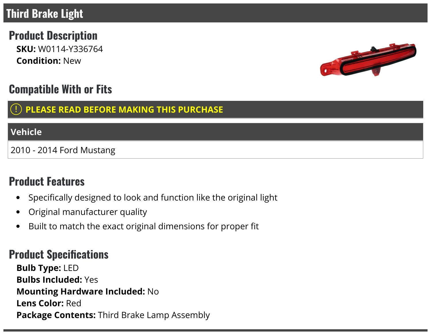 Marketplace Auto Parts 3rd Third Brake Light - LED Type - Compatible with 2010-2014 Ford Mustang