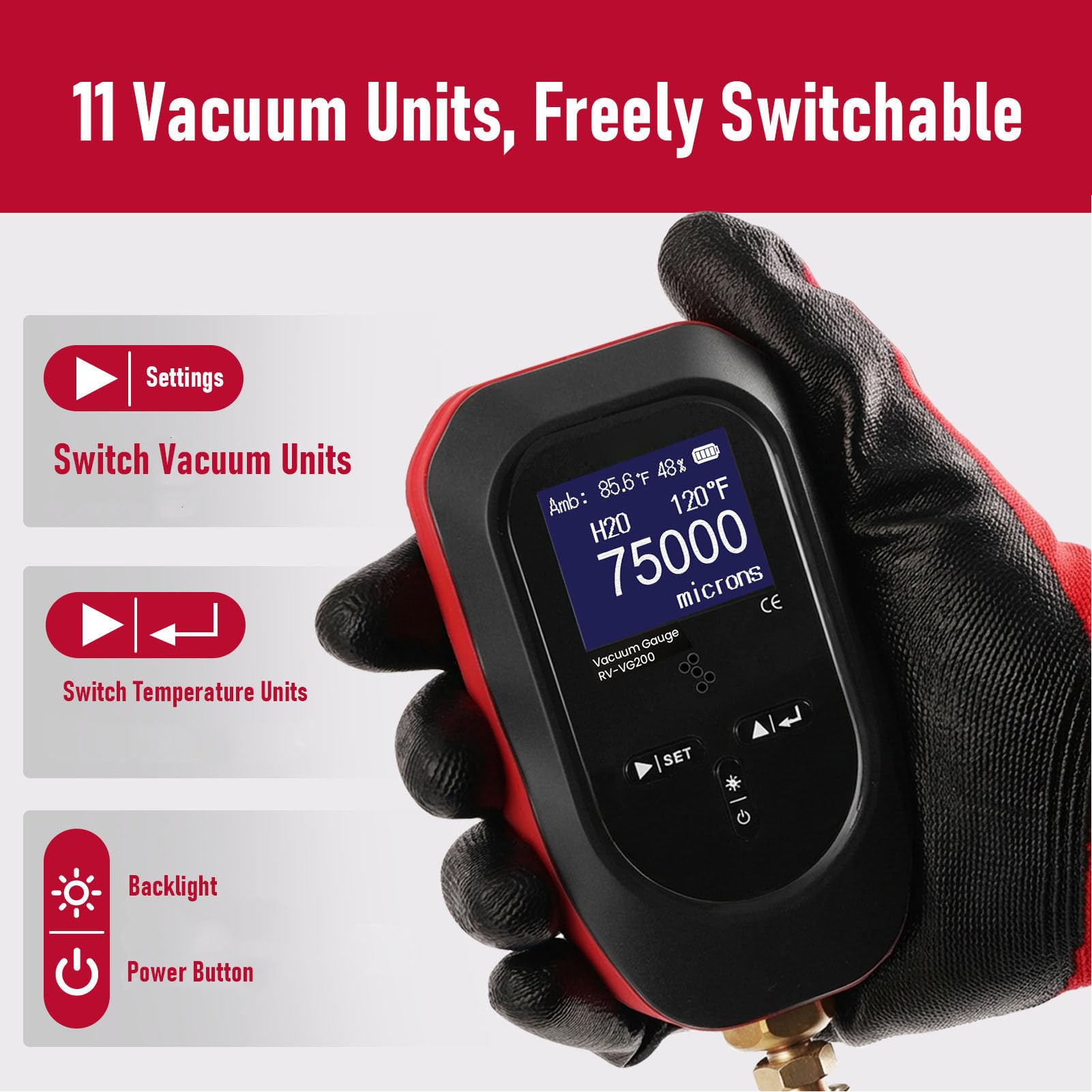 Eujgoov Medidor de Vacío Digital 0-75000 Micrones Probador HVAC 11 Unidades