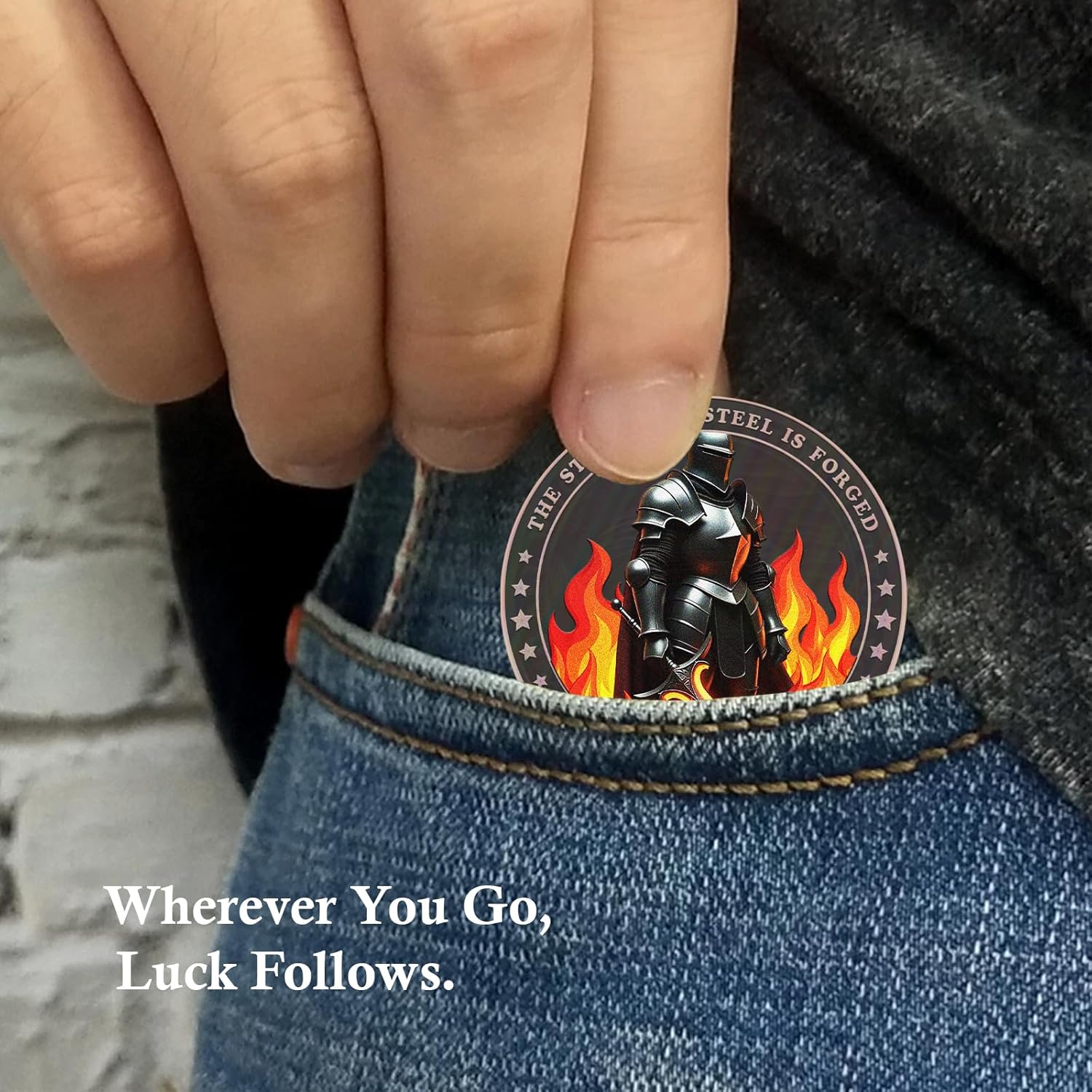 Dumpster Fire Challenge Coin - Knight and Sword Emotional Mental Health Pocket Token - Inspirational Gift for Men Women Kids- Engraved The Strongest Steel is Forged in The Fire of a Dumpster