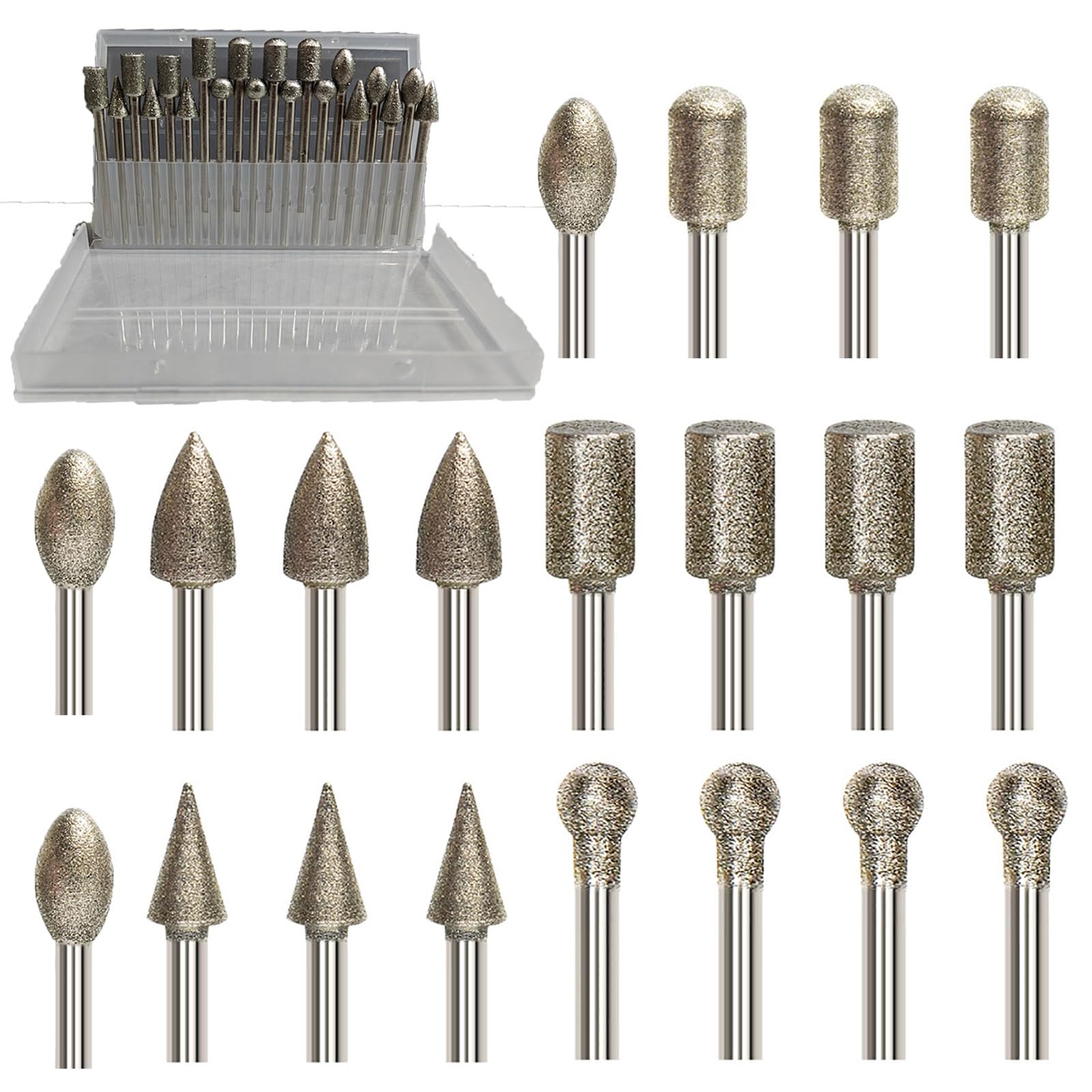 OFCOX Juego de brocas de diamante para tallado de piedra, 20 piezas de herramientas giratorias con vástago de 1/8 pies para grabado de piedra, pulido de joyas, cerámica, roca