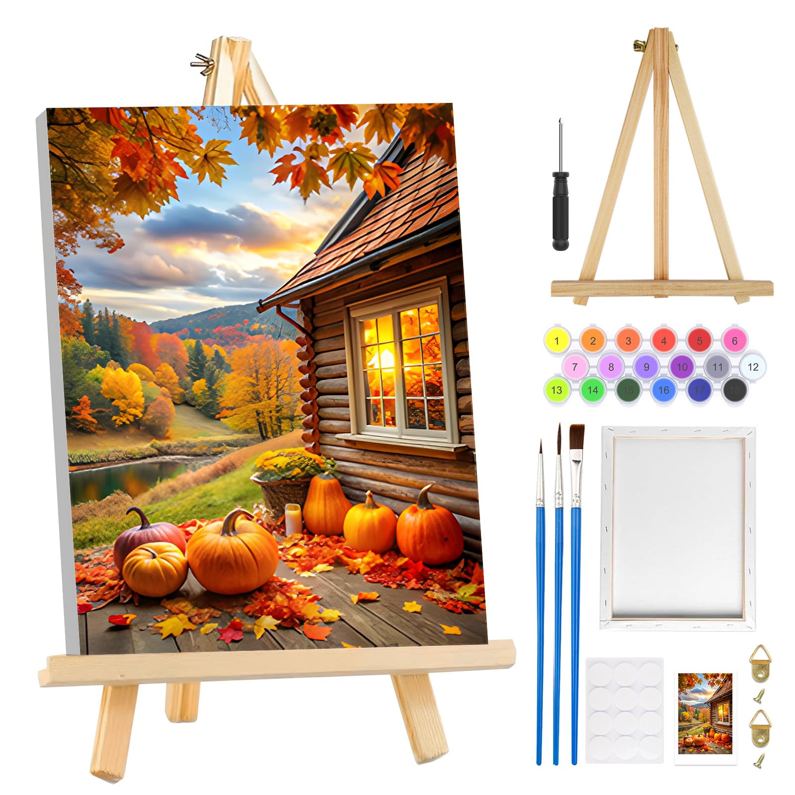 MOGTAA Autumn Paint by Numbers for Adults Beginners with Frame, Fall Landsacpe Painting by Numbers for Adults with Easel, Easy DIY Oil Painting Kits Art Crafts for Home Decor, 8x12in